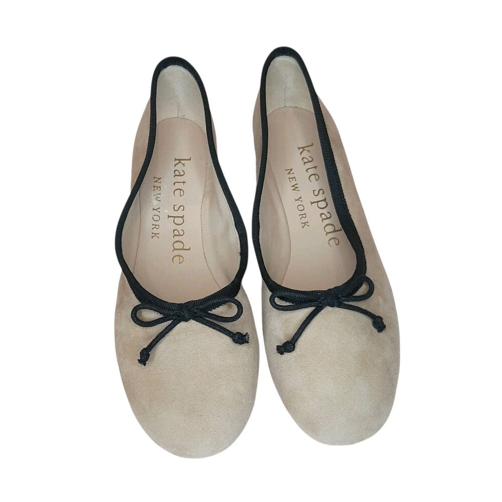 Kate Spade New York Ballet Flats Women Size 6B Tan Suede Black Bow Accent